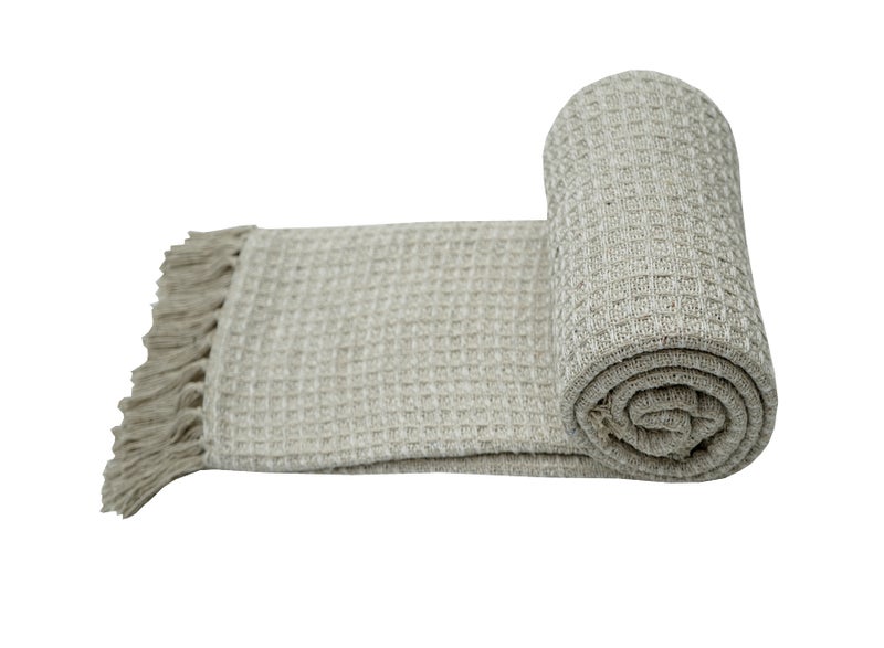 Ambrosia 130 x 160 cm Premium Cotton Honeycomb Throw Blanket in Natural White color, 400GSM Waffle Weave Fringed Sofa Bed Cover and Boho Decorative Mat - Image 1